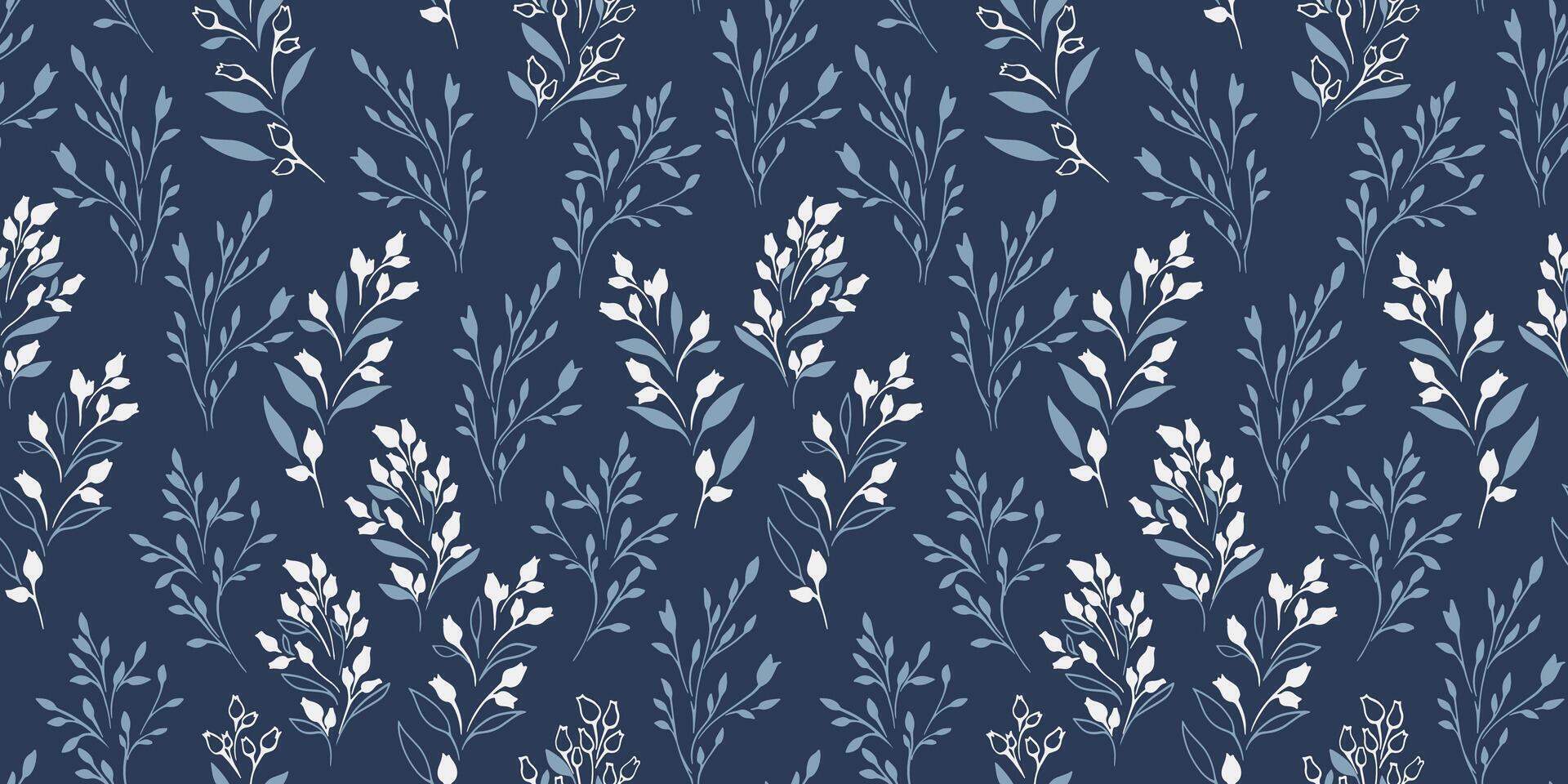 Monotone blue simple seamless pattern with tiny branches leaves with abstract flowers buds. Vector hand drawn sketch. Stylized creative contour silhouette, floral stems winter printing. Collage