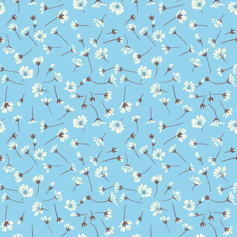 Light, cute, tiny, ditsy flowers pattern. Seamless small white floral field on a blue background. Vector hand drawn sketch. Template for design, fashion, fabric, printing, textile, wallpaper