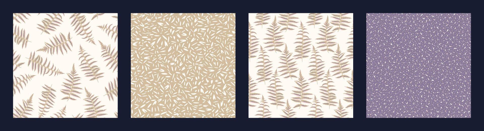 Collage beige of set seamless patterns abstract fern leaves. Vector hand drawn sketch stylized creative texture printing random spots, polka dots, drops.Templates for design, fabric, textile