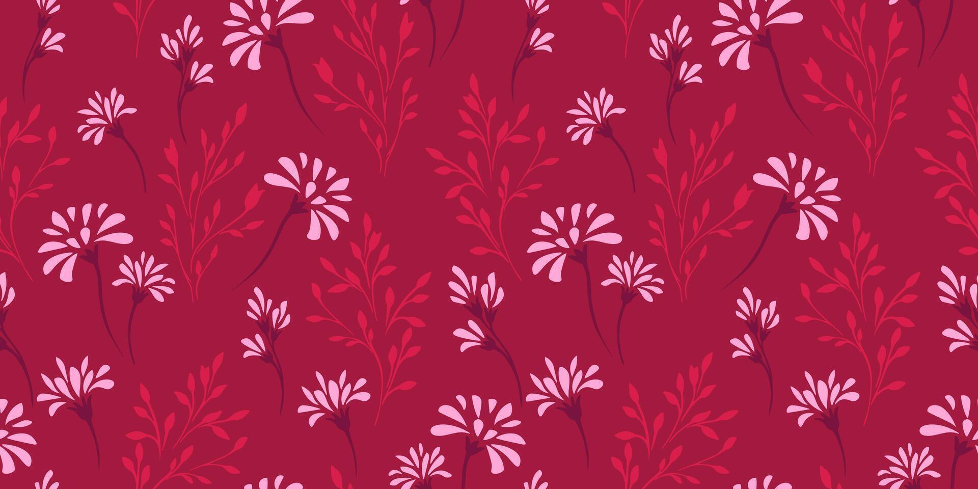 Seamless simple creative floral stems with spots, drops, pattern. Vector hand drawn ditsy flowers printing. Abstract burgundy background with tiny branches leaves. Template for design, fashion