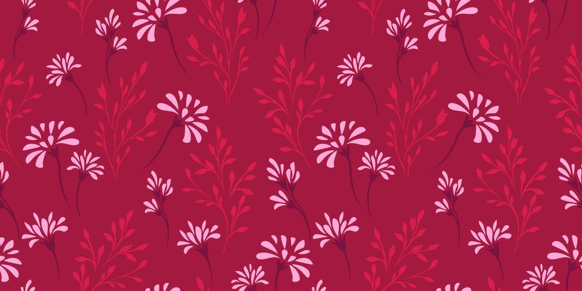 Seamless simple creative floral stems with spots, drops, pattern. Vector hand drawn ditsy flowers printing. Abstract burgundy background with tiny branches leaves. Template for design, fashion