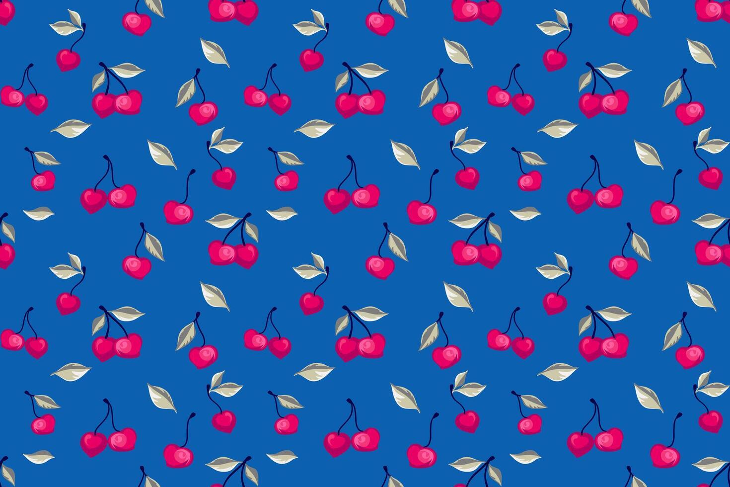 Abstract stylized cherry seamless pattern on a blue background. Summer red berries, leaves, background printing. Vector hand drawn fruits illustration. Collage for design, printing, patterned
