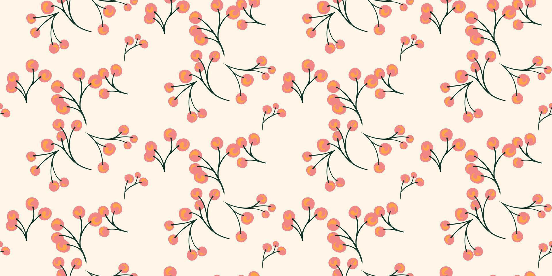 Abstract tiny branches with shapes berries dots, drops seamless pattern on a light background. Stylized simple juniper, boxwood, viburnum, barberry patterned. Vector hand drawn sketch.