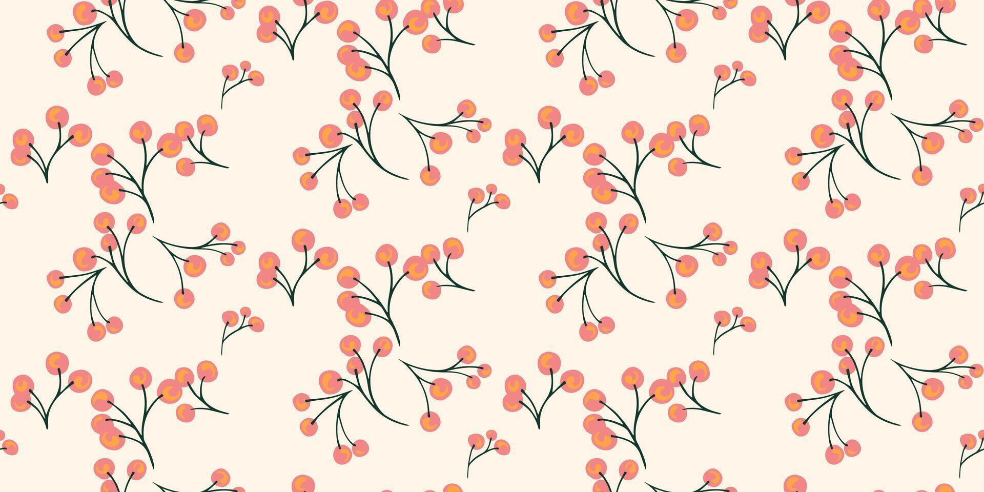 Abstract tiny branches with shapes berries dots, drops seamless pattern on a light background. Stylized simple juniper, boxwood, viburnum, barberry patterned. Vector hand drawn sketch.