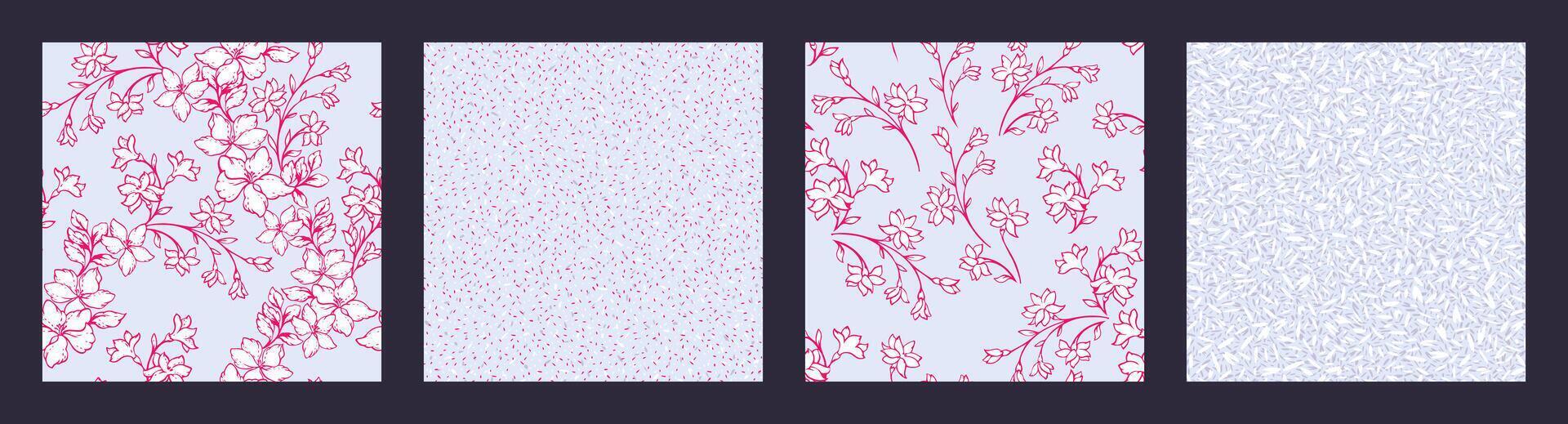 Pastel blue collage of set seamless patterns with stylized blooming tiny wild  branches flowers, texture shapes, random spots, polka dots. Vector hand drawn sketch. Templates for design, printing