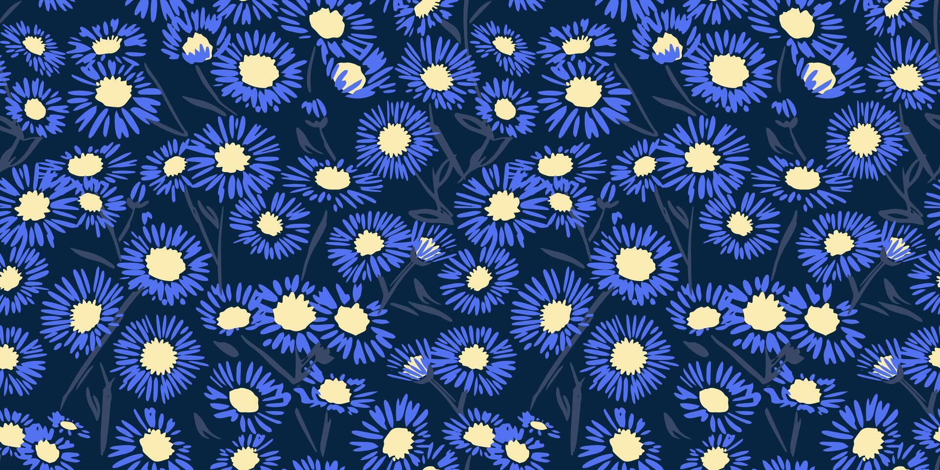 Artistic shape blue floral chamomiles seamless pattern on a dark black background. Vector hand drawn ditsy flowers. Vibrant retro print collage. Design ornament for fashion, fabric, interior, textile