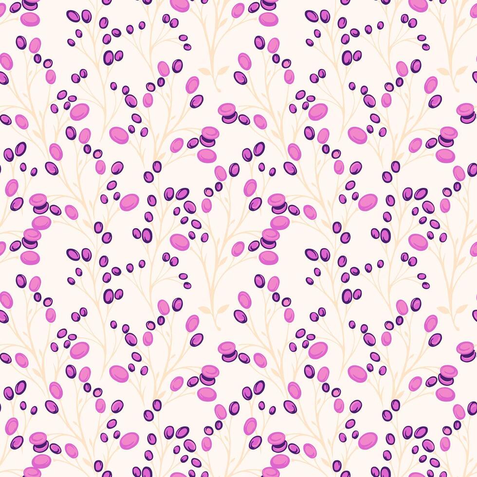 Creative branches with abstract shapes berries seamless pattern. Abstract stylized floral stems with unique pink polka dots, drops, spots printing. Vector hand drawn. Collage template for designs