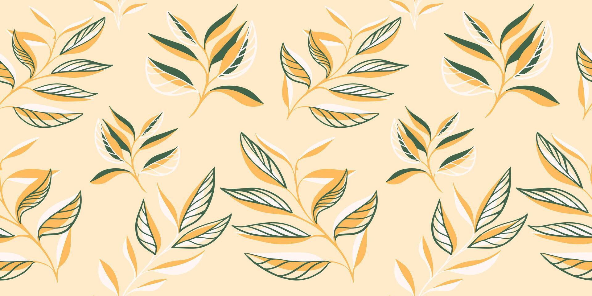 Modern, minimalist, abstract tropical leaves seamless pattern. Vector hand drawn sketch leaf silhouettes. Collage contemporary botanical yellow print. Template for design, textile, fashion, patterned