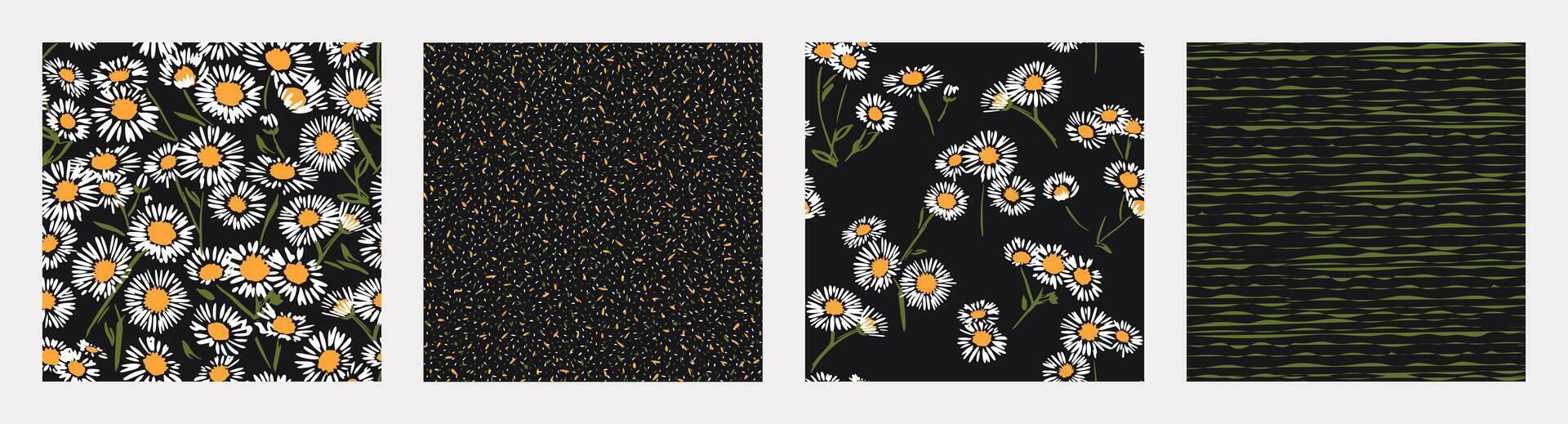collage de conjunto sin costura patrones sencillo Arte manzanillas flores en un negro antecedentes. vector mano dibujado bosquejo estilizado resumen rama, flores impresión con aleatorio lugares, polca puntos, líneas