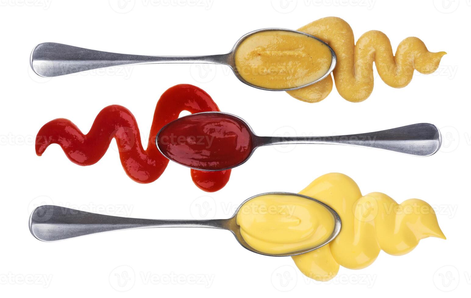 Ketchup, mayonnaise and mustard in spoons isolated on white background, sauces collection photo