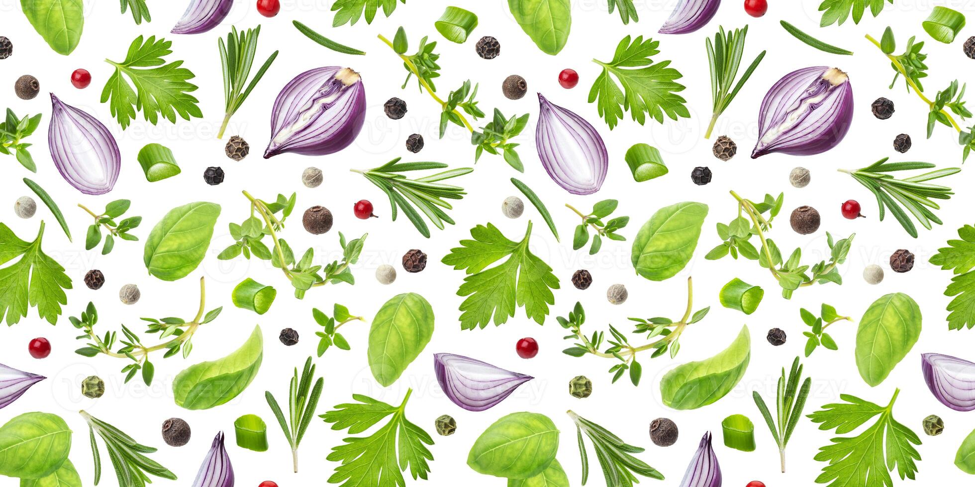 Different spices and herbs seamless pattern isolated on white background, top view photo