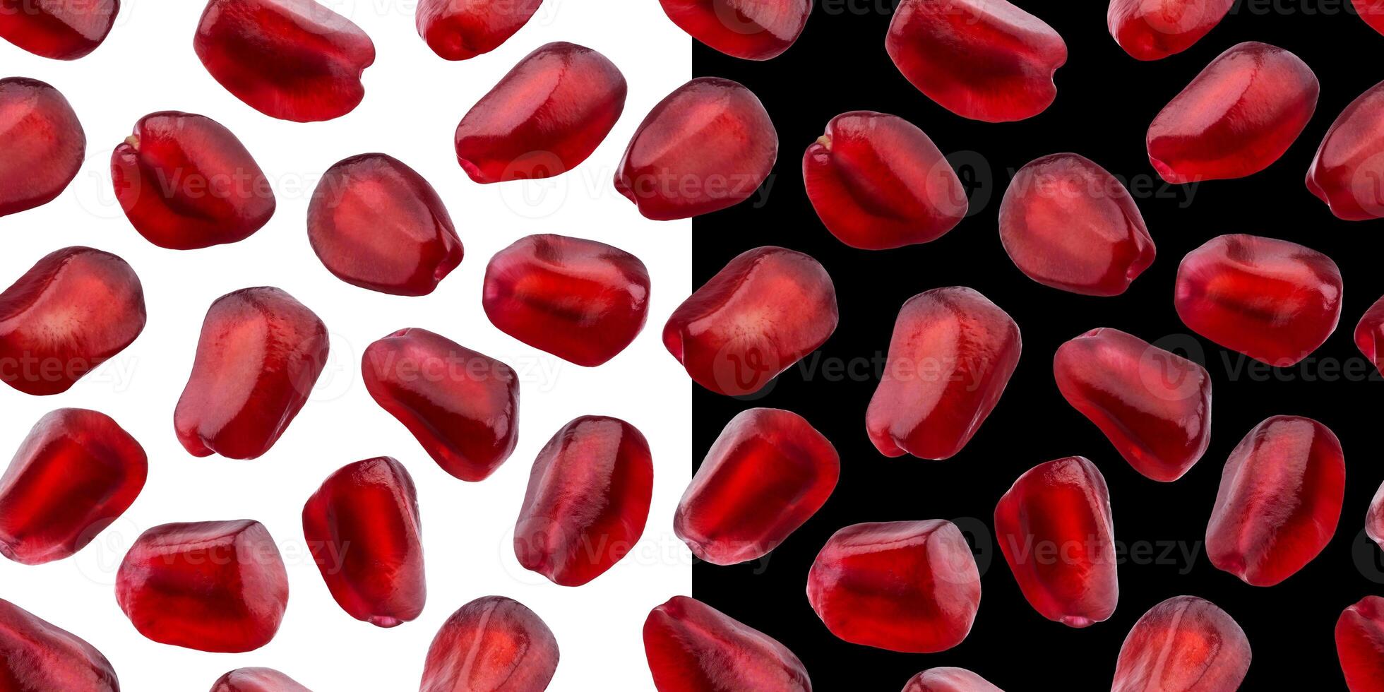 Pomegranate seeds seamless pattern, isolated on white and black backgrounds photo