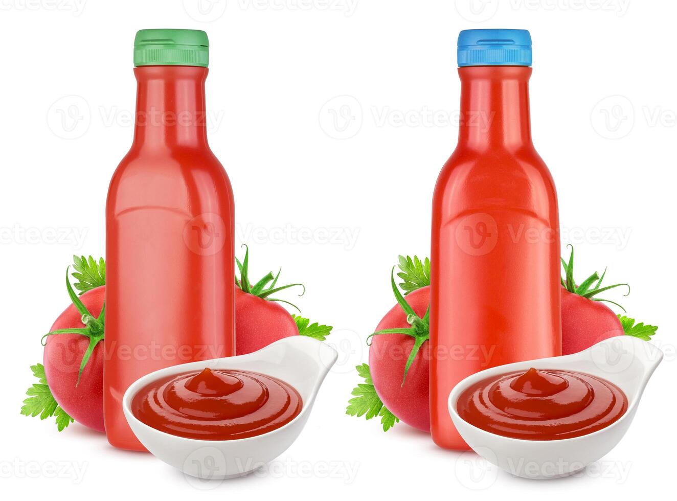 Tomato ketchup bottle, ketchup in bowl and fresh tomatoes isolated on white background photo