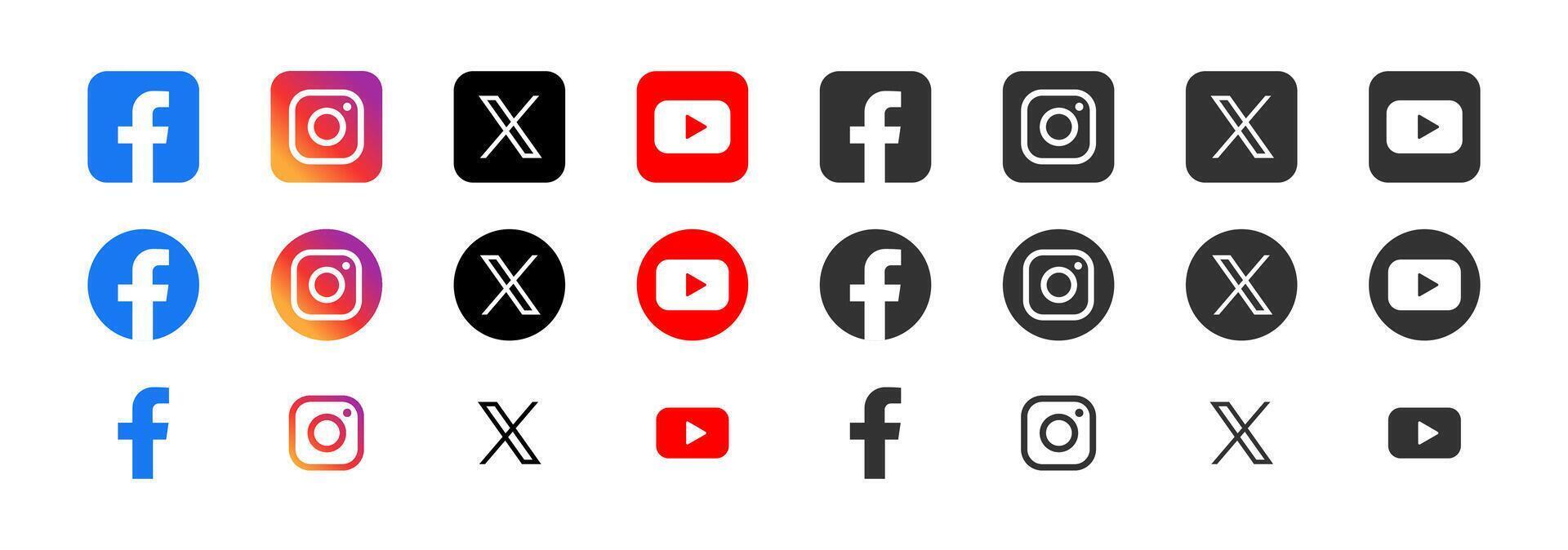 Facebook, instagram, gorjeo X, Youtube logotipo social medios de comunicación red. popular Mensajero aplicación editorial contenido. vector