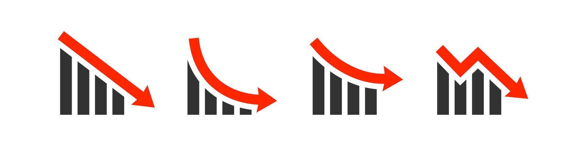 grafico disminución icono. flecha abajo símbolo. decaido diagrama. Finanzas pérdida. economía crisis gráfico. negativo cuadro. vector ilustración.