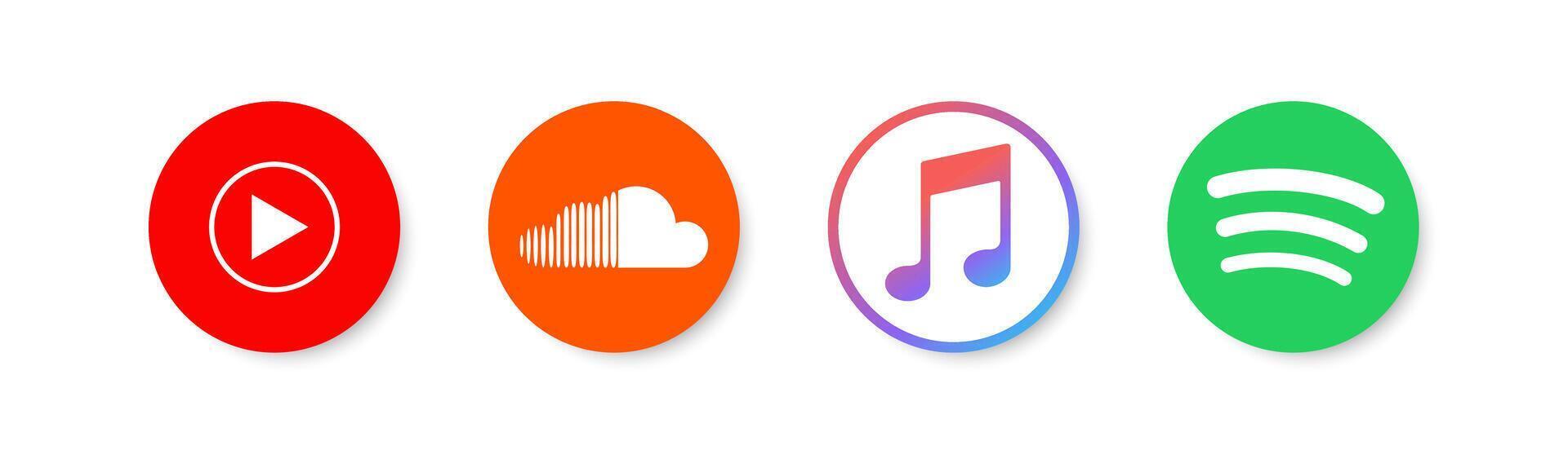 Apple Music, Youtube Music, Soundcloud, Spotify logotype icon. Streaming platform. Music service logo. Editorial app. Vector illustration.