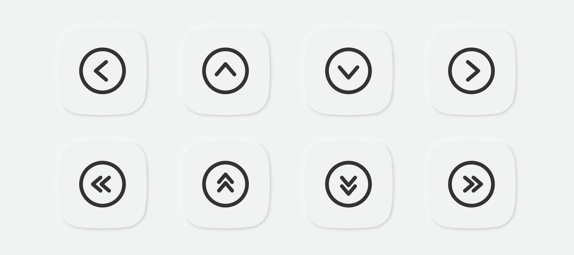 Arrow icon. Left, right, up, down signs. Forward in the square and circle symbol. Acceleration icons. Vector isolated sign.