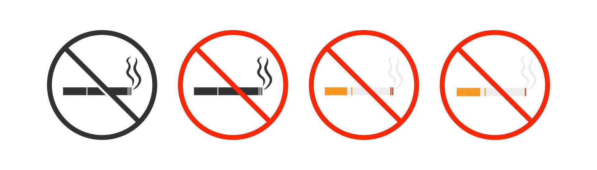 No cigarette icon. Stop smoking. Forbidden smoke, cigar signs. Ban nicotine. Health danger. Vector illustration.