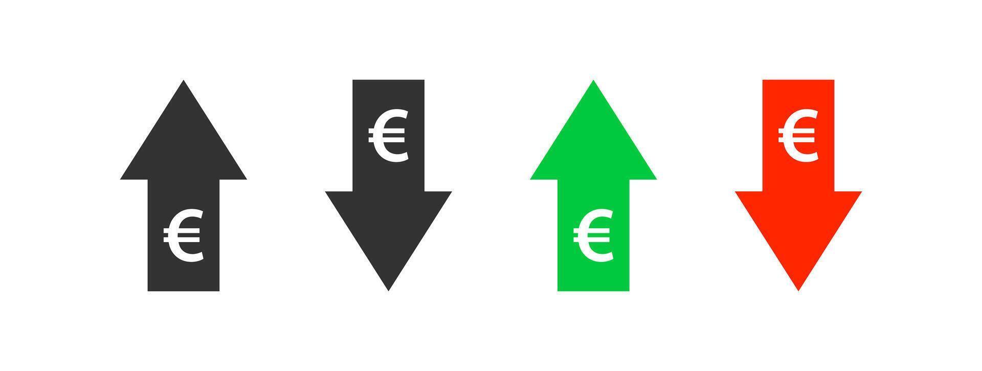 euro grafico arriba y abajo. dinero costo flecha crecimiento, rechazar. moneda inversión. mercado precio. Finanzas intercambio. vector ilustración.