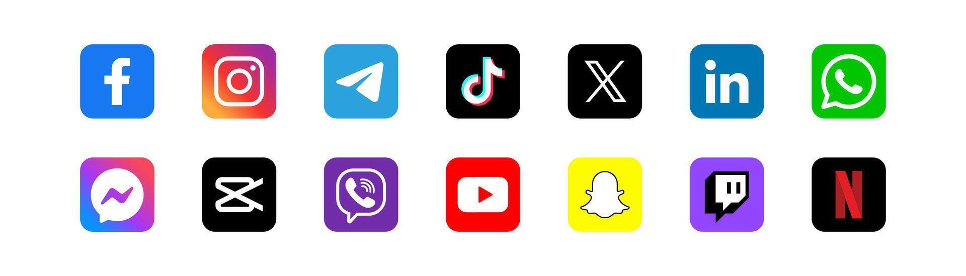 Social media logotype. Facebook, Instagram, Twitter, Telegram, Linkedin, Viber, Whatsapp, Tiktok, Capcut, Messenger, Snapchat, Youtube, Twitch, Netflix logo. Popular editorial app. vector