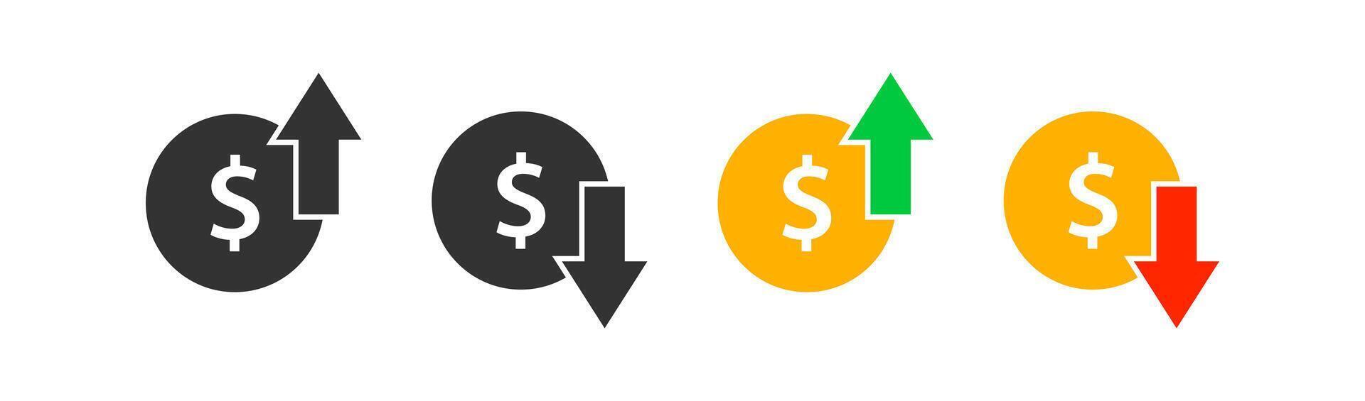 Dollar coin graph up and down. Money cost arrow growth, decline. Currency investment. Market price. Finance exchange. Vector illustration.