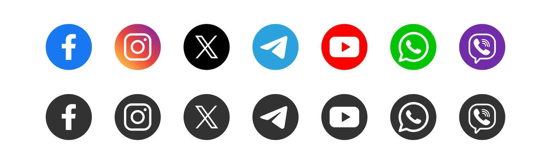 Social media logotype. Facebook, Instagram, Twitter, Telegram, Youtube, Whatsapp, Viber logo. Popular editorial app. vector