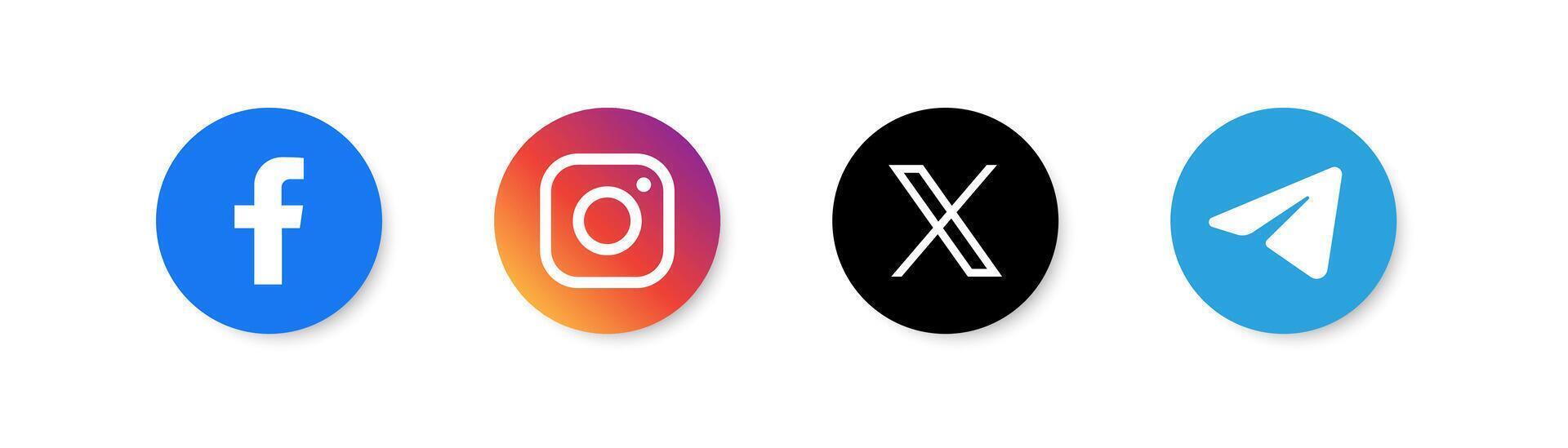 Social media app icon. Facebook, Twitter, Instagram, Telegram application logotype. Editorial brand. Vector illustration.