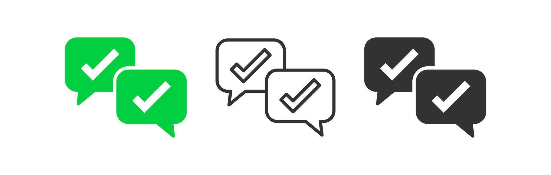 Speech bubble check mark icon. Tick message symbol. Confirm, correct, vote sign. Vector illustration.