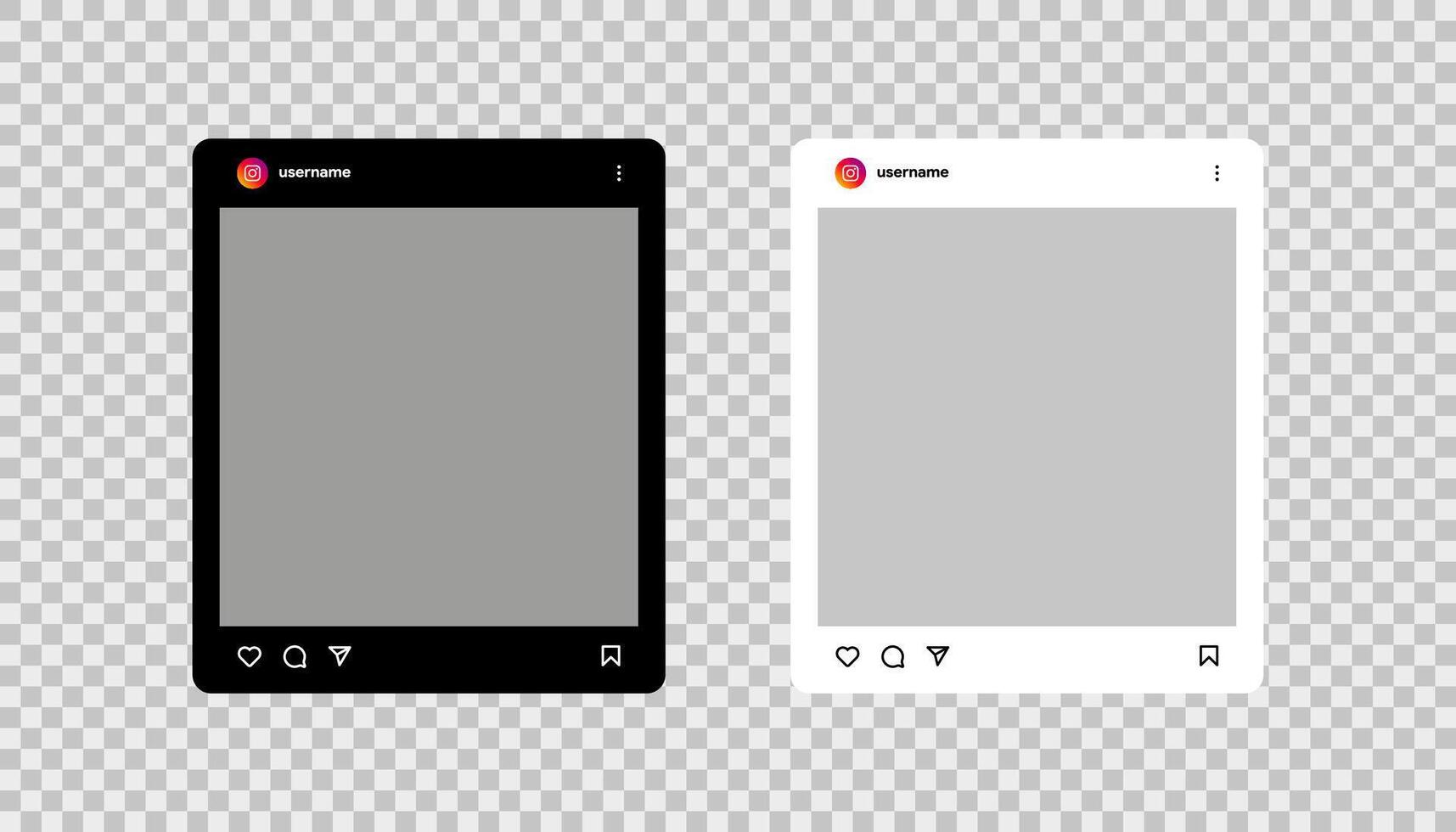 Instragram frame template. Light and dark theme interface. Social media post element. Application screen template. Editorial vector. vector