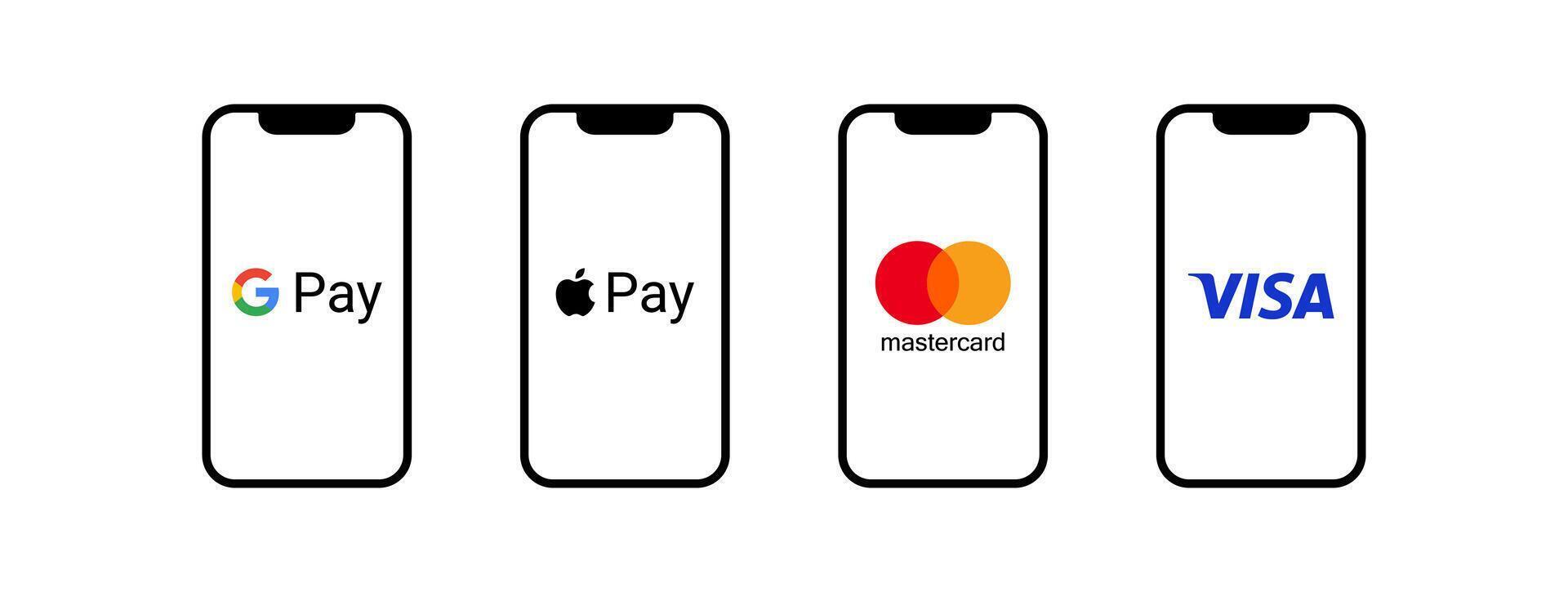 Mastercard, Visa, Apple pay, Google pay - popular payment systems. Finance system app. Bank card. NFC pay phone. Vector illustration.