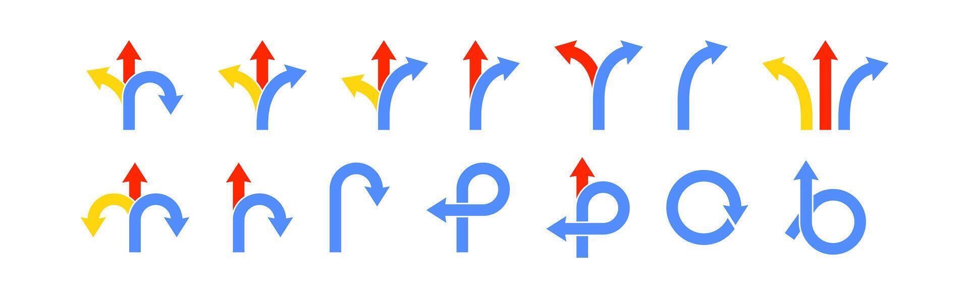 Road arrow direction sign. Road traffic icon. Choice turn right or left. Path way. Crossroad sign. Vector illustration.