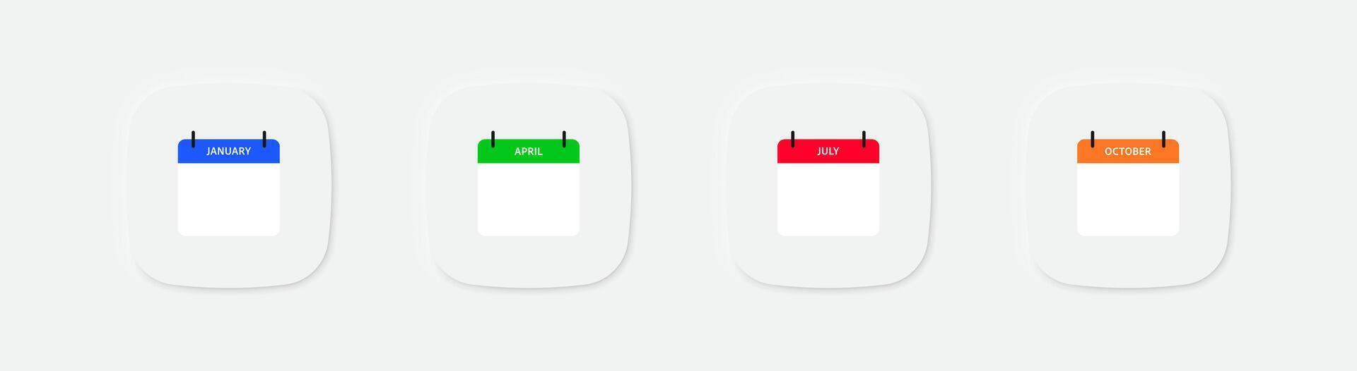 Calendar icon. Date of month symbol. January, April, July, October month. Blue, green, red, and orange illustrations. vector