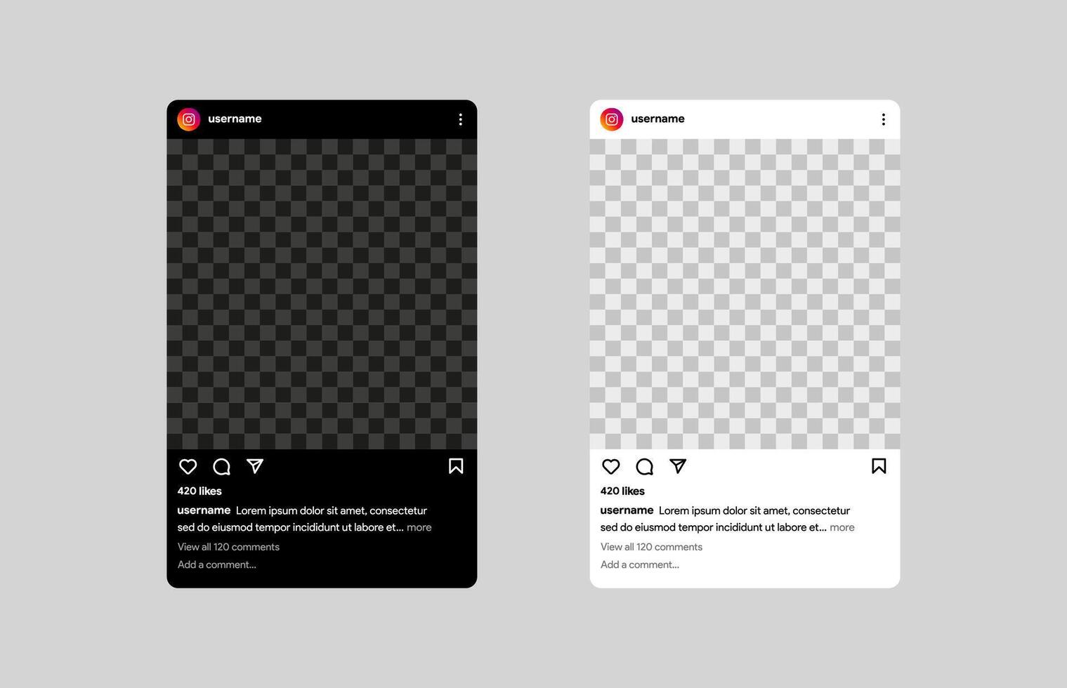 Instragram frame template. Light and dark theme interface. Social media post element. Application screen template. Editorial vector. vector