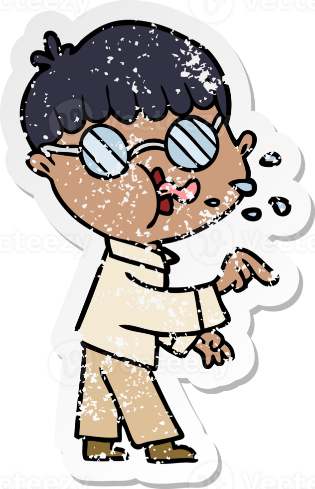 distressed sticker of a cartoon boy wearing spectacles and making point png