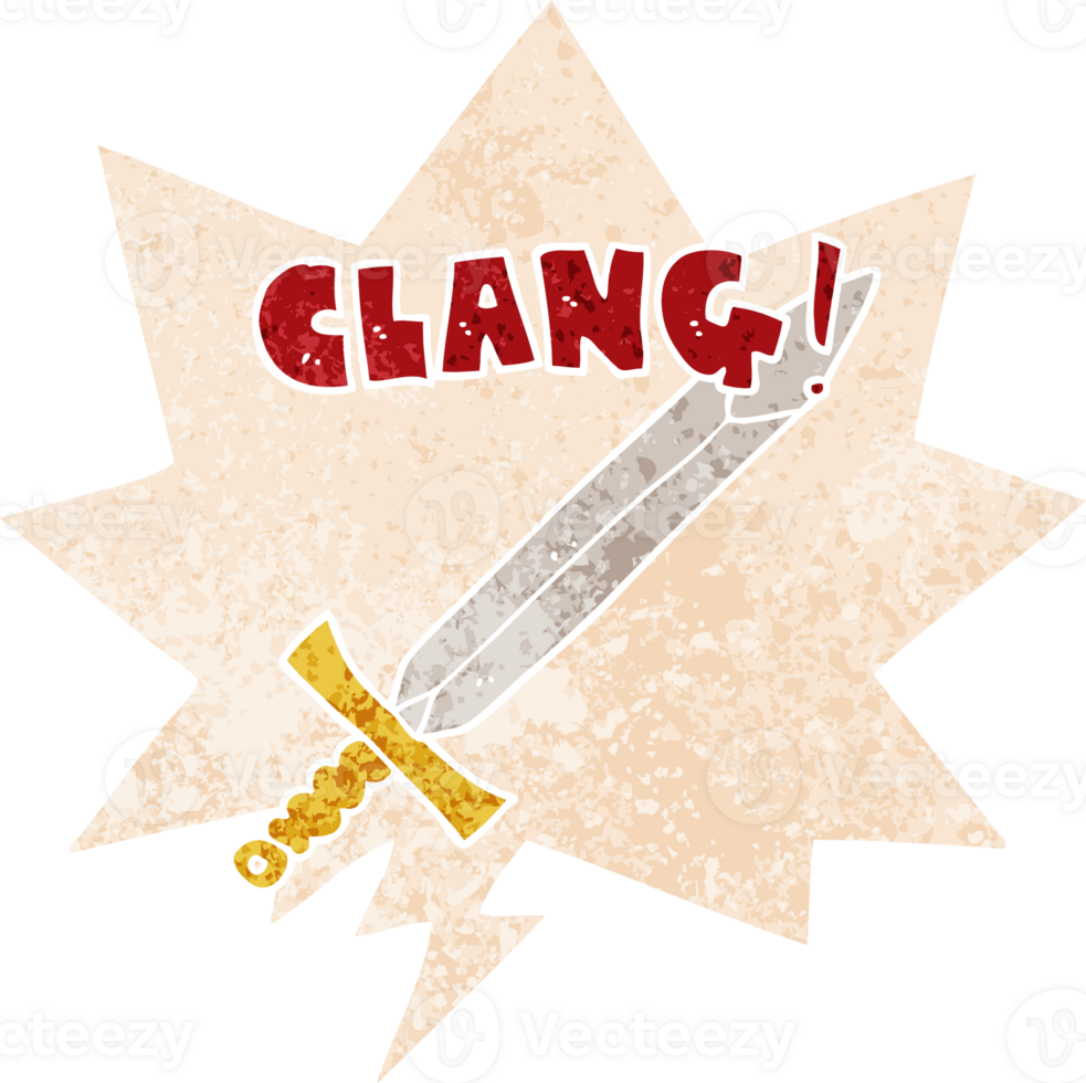 cartoon clanging sword with speech bubble in grunge distressed retro textured style png