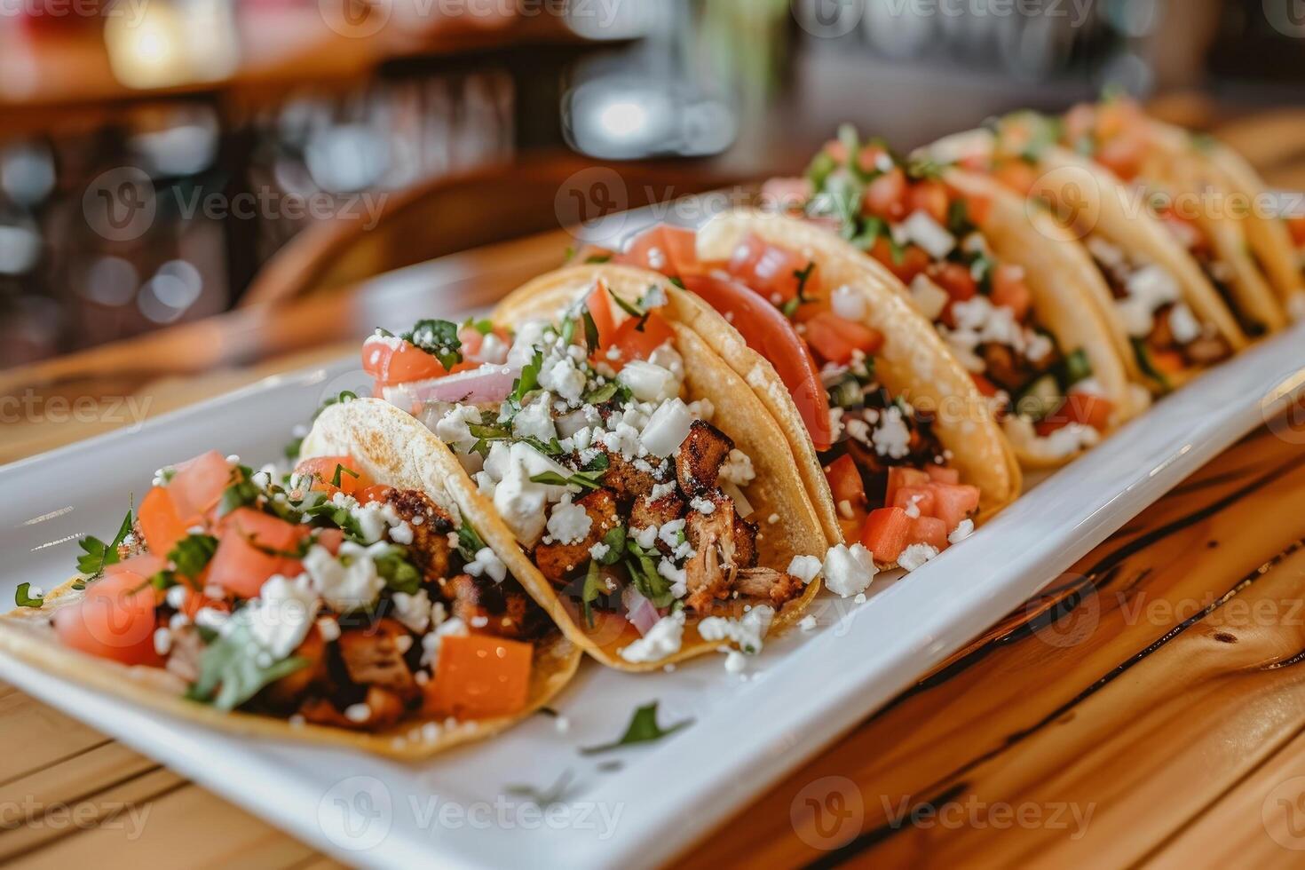 AI generated Mexican tacos with beef, tomatoes, onions and others on white background photo