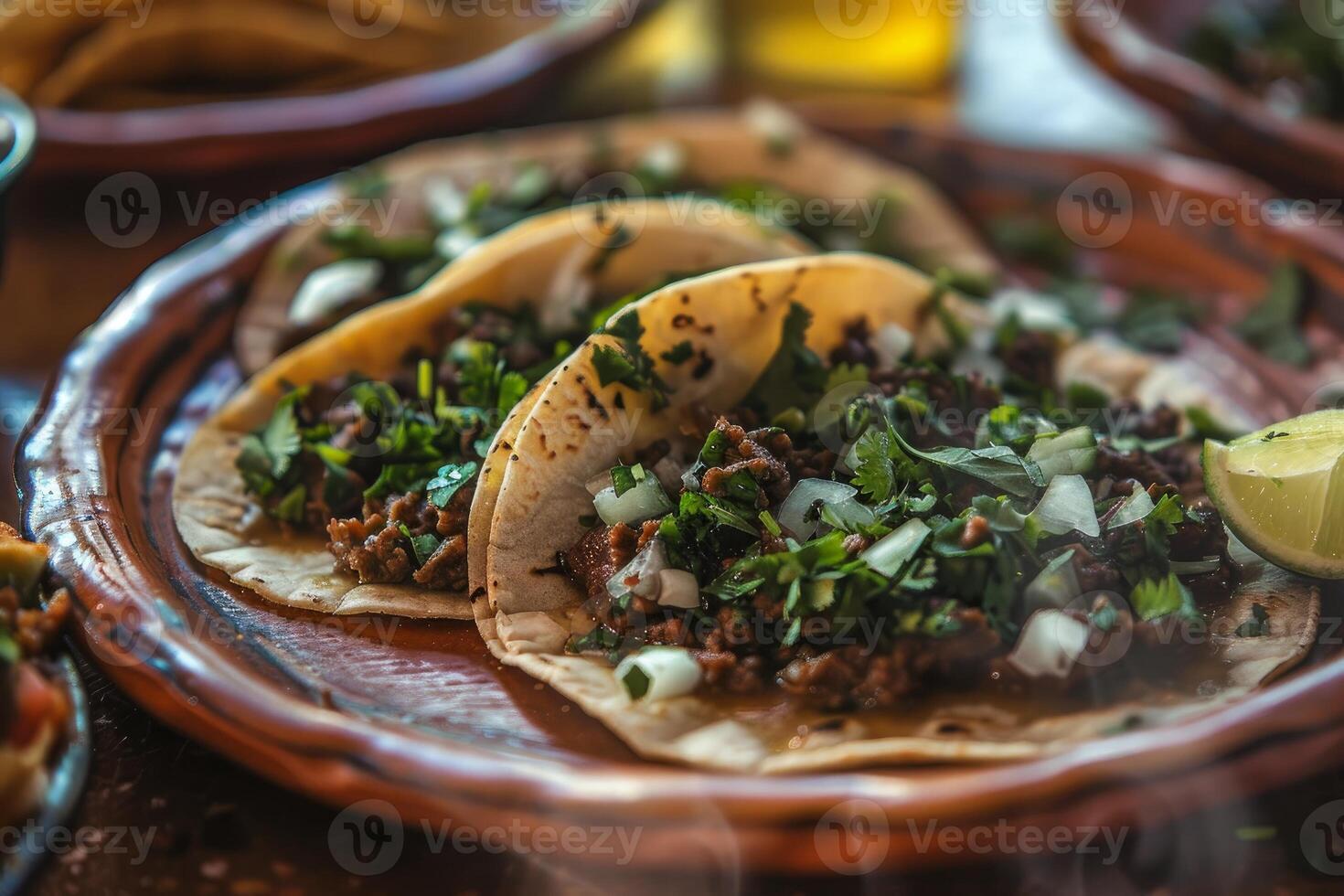 AI generated Mexican tacos with beef, tomatoes, onions and others on white background photo