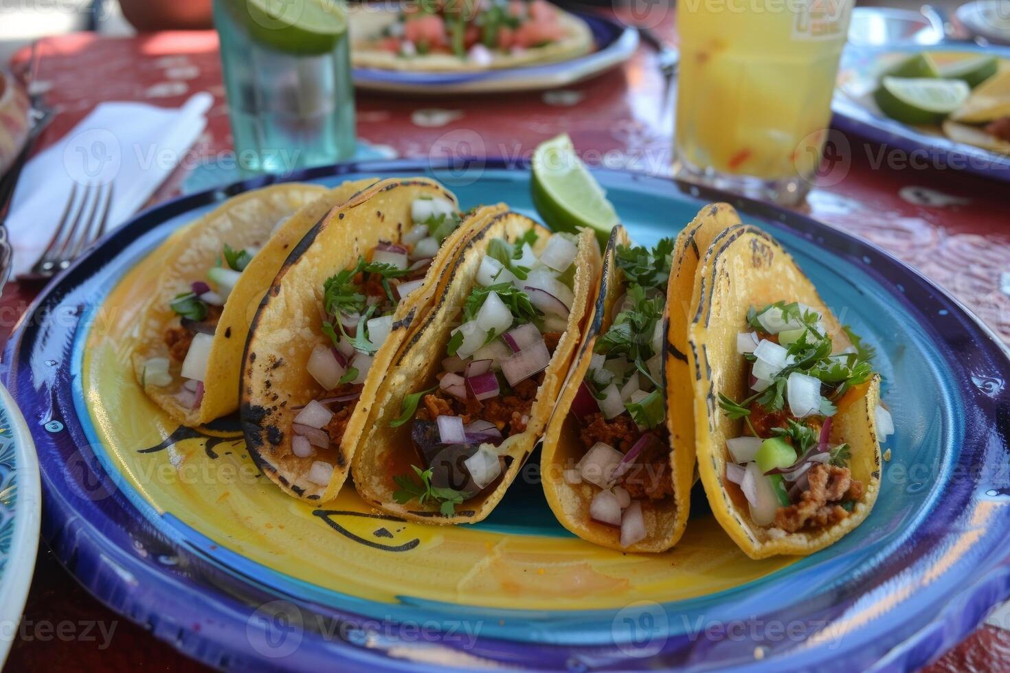 AI generated Mexican tacos with beef, tomatoes, onions and others on white background photo