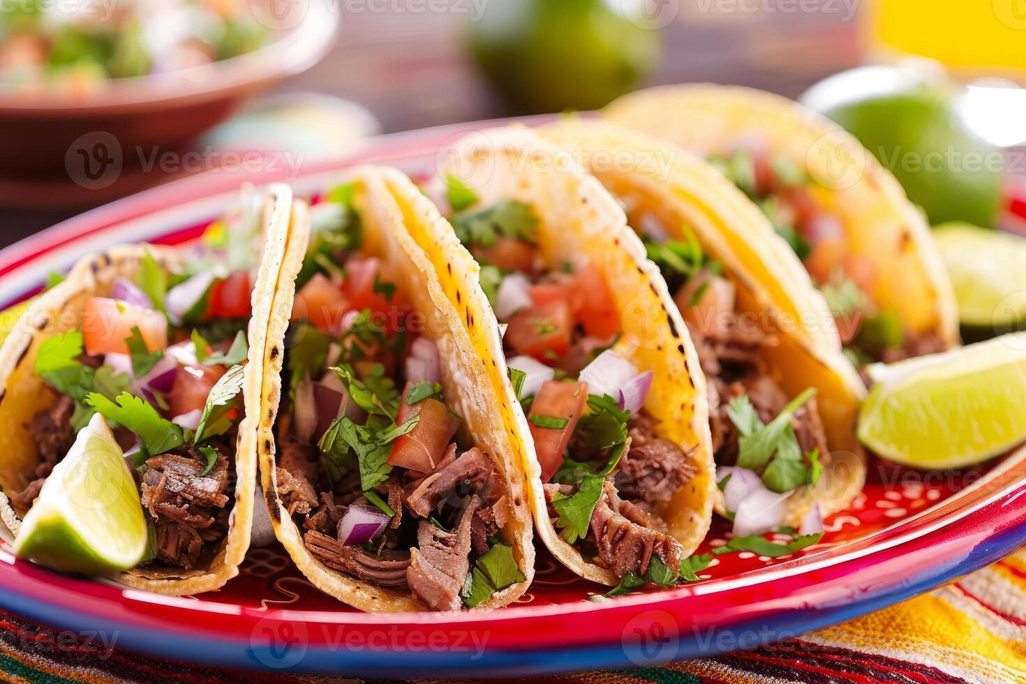AI generated Mexican tacos with beef, tomatoes, onions and others on white background photo
