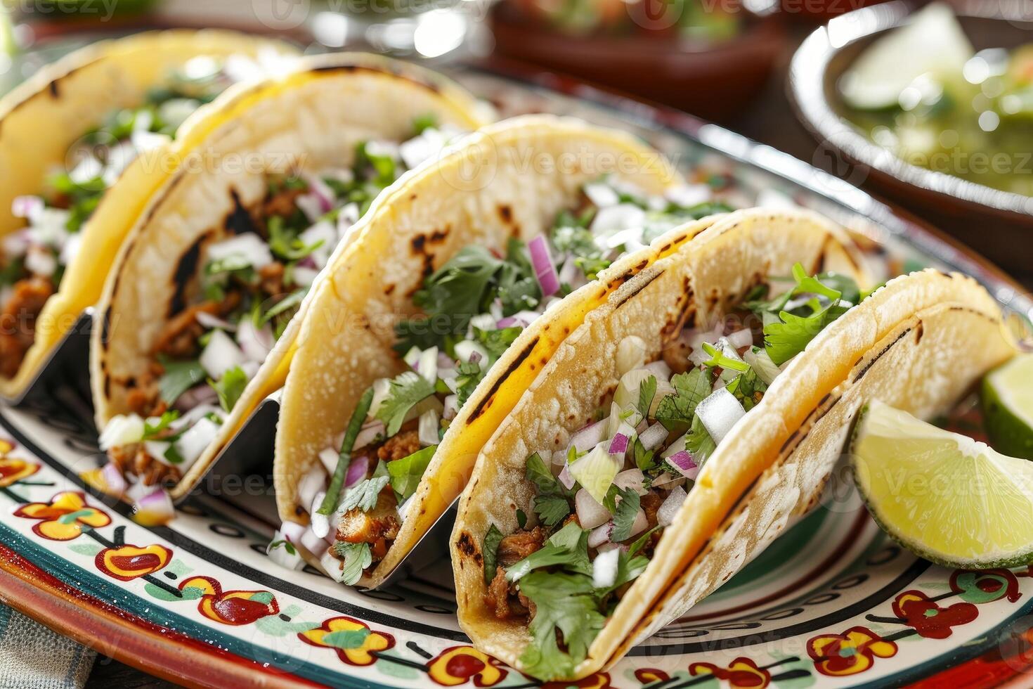 AI generated Mexican tacos with beef, tomatoes, onions and others on white background photo