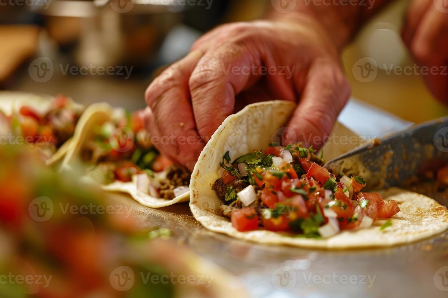 AI generated Mexican tacos with beef, tomatoes, onions and others on white background photo