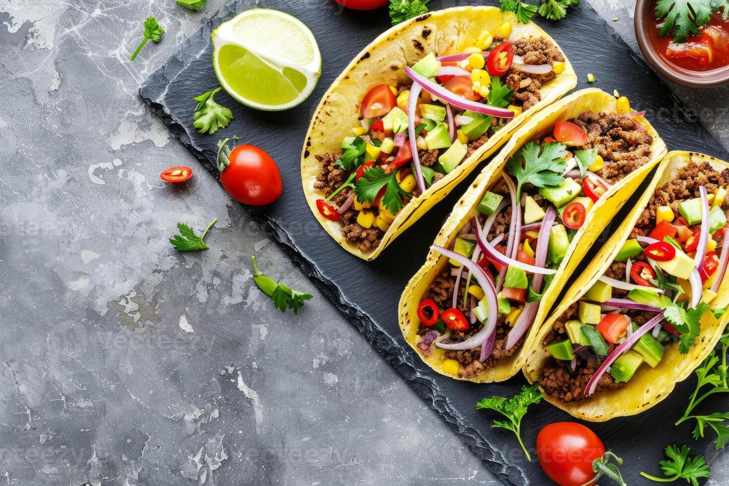 AI generated Mexican tacos with beef, tomatoes, onions and others on white background photo