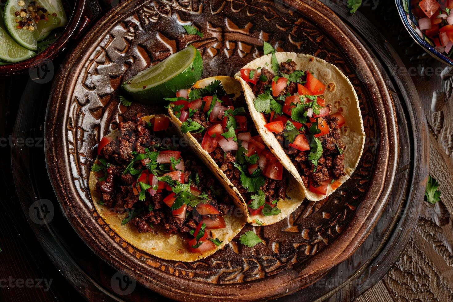 AI generated Mexican tacos with beef, tomatoes, onions and others on white background photo