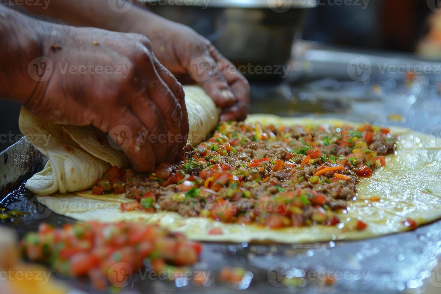 AI generated Mexican tacos with beef, tomatoes, onions and others on white background photo