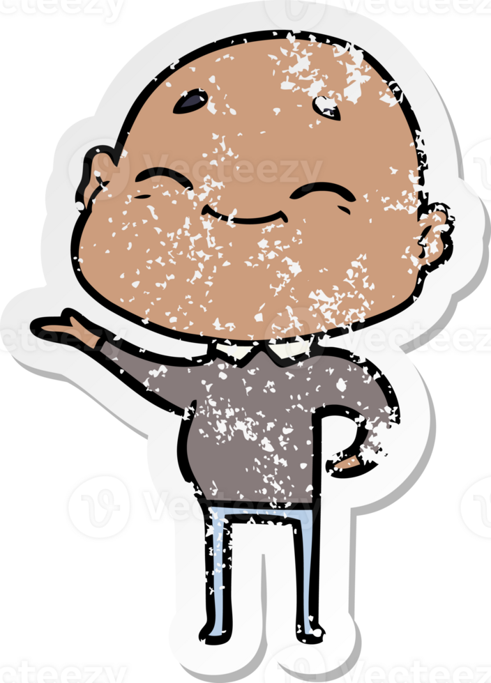 distressed sticker of a happy cartoon bald man png