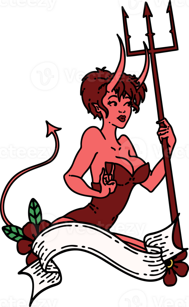 tatouage dans traditionnel style de une afficher diable fille avec bannière png