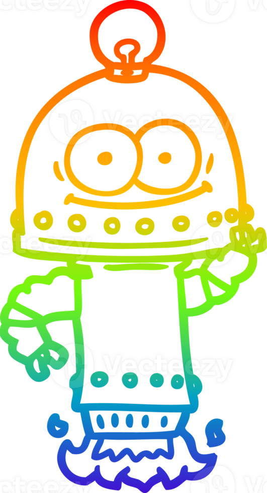 rainbow gradient line drawing of a happy carton robot with light bulb png
