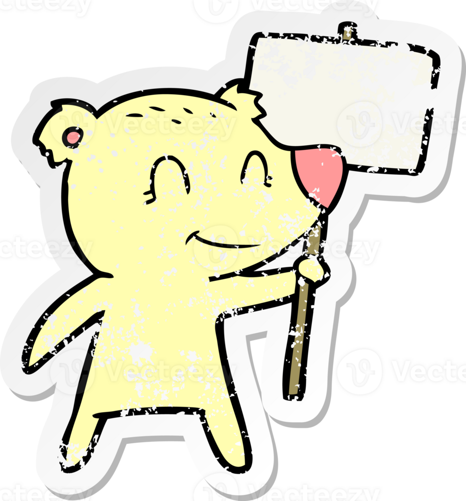 distressed sticker of a cartoon bear holding sign png
