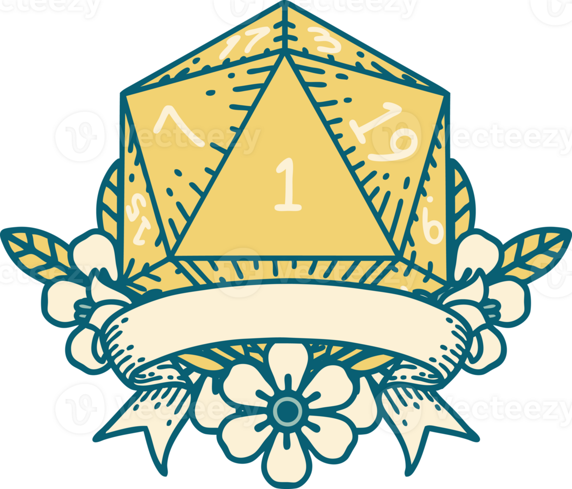 Retro Tattoo Style natural one d20 dice roll png