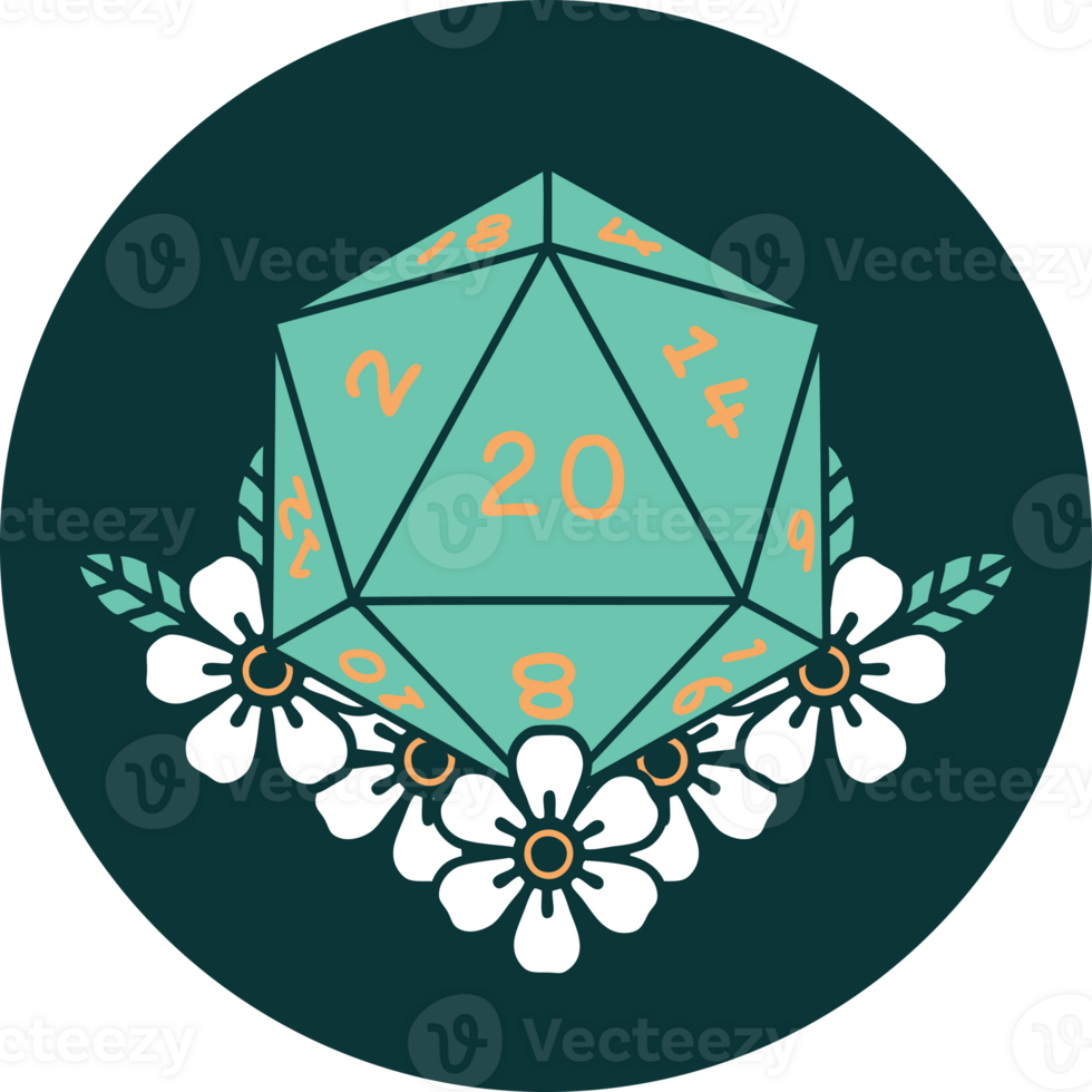 icon of natural 20 D20 dice roll with floral elements png